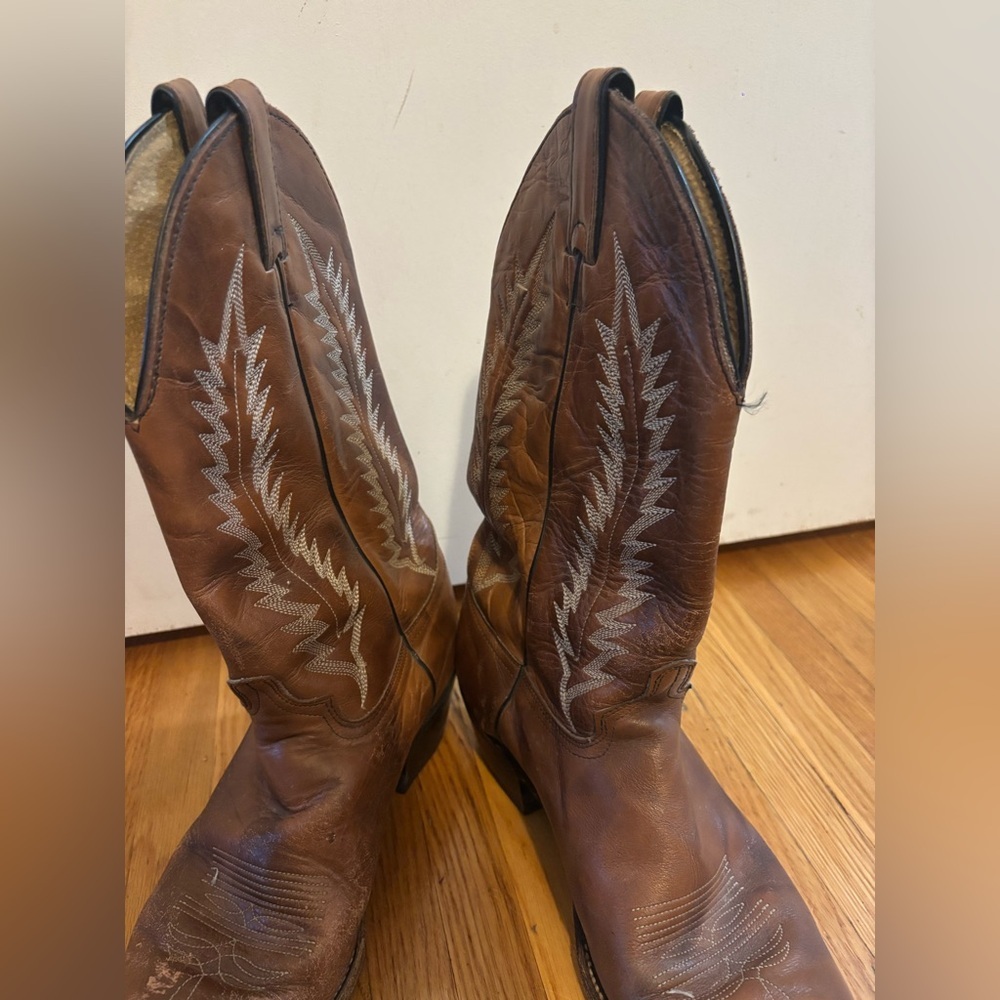 Cowgirl Western Pointed Toe Boots Two Tone Brown Leather Size 11 - Picture 6 of 6